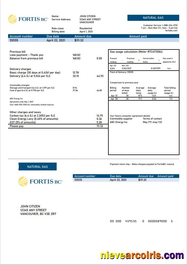 Canada British Columbia FortisBC utility bill